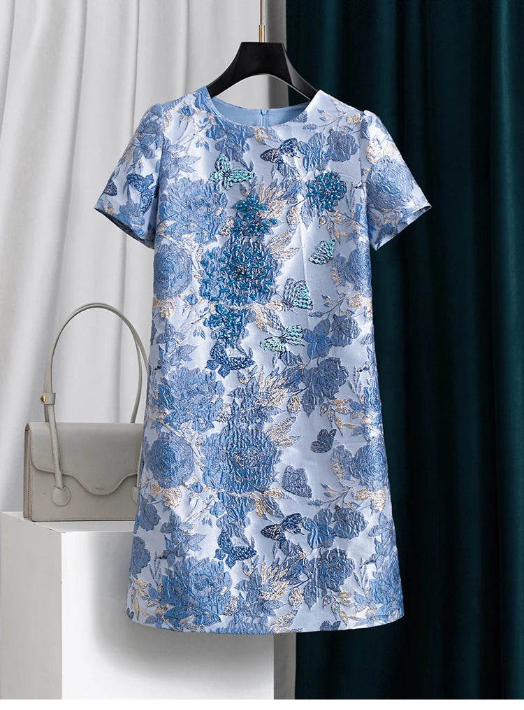 Women Blue Jacquard Beaded Dress Short Sleeve Round Neck a Line Elegant Slim Fit Summer Party Fashion Luxury Midi Dress