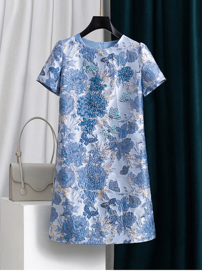 Women Blue Jacquard Beaded Dress Short Sleeve Round Neck a Line Elegant Slim Fit Summer Party Fashion Luxury Midi Dress