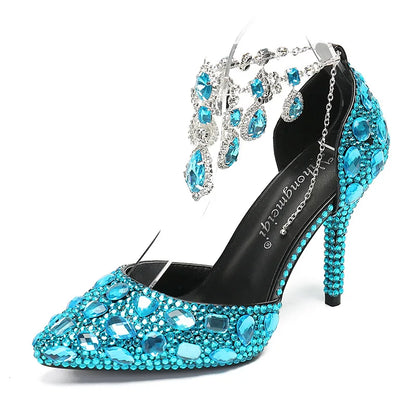 2024 Autumn Slim Heels Shallow Mouth Luxury Blue Water Diamond Pearl Women Single Shoes 9CM Wedding Party Shoes Sandalias Mujer