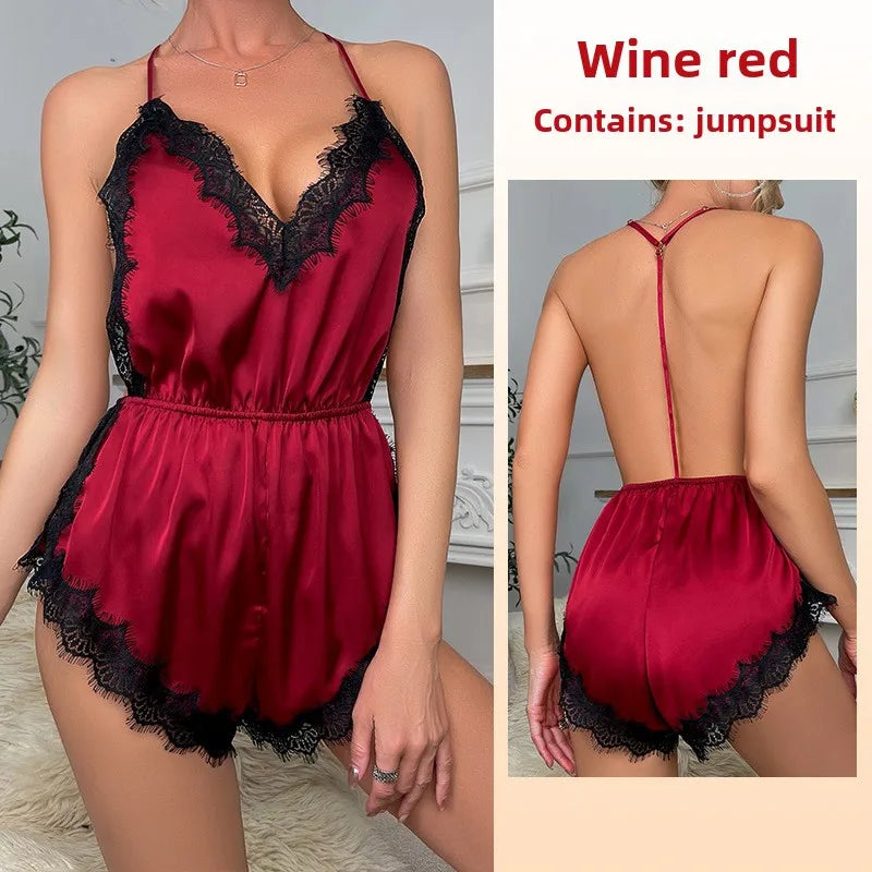 Sexy Adult Womens Clothing Temptation Camisole Shorts Pajamas One-Piece Ice Silk Nightdress Solid Color Print V-Neck Loungewear
