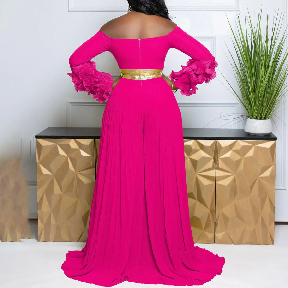 CM.YAYA Women Long Ruffles Sleeve Pleated Slash Neck Wide Leg Long Jumpsuits Party Beach Belt Street Sexy Africa Outfit Rompers