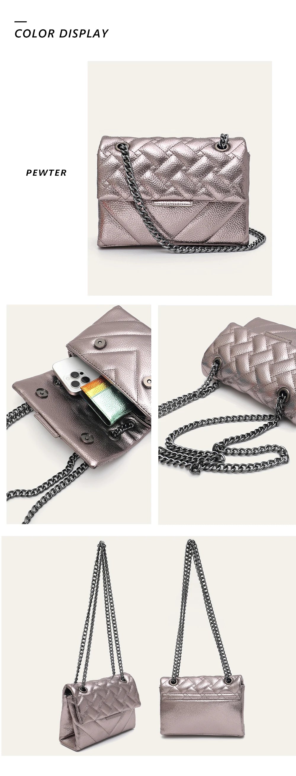 Women Fashion Metallic PU Vegan Leather Handbag Luxury Quilted Flap Messenger Shoulder Bag Long Chain Purse Daily Casual Travel