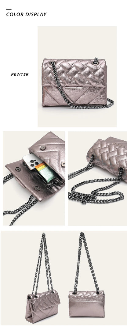 Women Fashion Metallic PU Vegan Leather Handbag Luxury Quilted Flap Messenger Shoulder Bag Long Chain Purse Daily Casual Travel