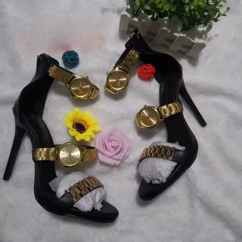 Womens Silver Watch Embellished Strap Sandals Sexy Stilettos Heel Sandals Open Toe Ladies Chain Detail Gladiator Sandals 35-44