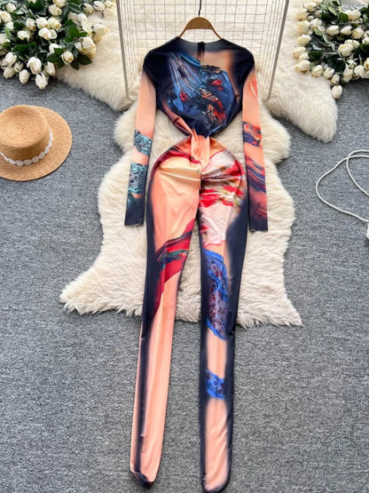 Foamlina 2025 Autumn New Fashion Print Bodysuit European Women's Sexy Hot Girl Slim Fit Flattering Long Sleeve Tight Jumpsuit