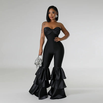 Jumpsuits Strapless Women Sleeveless Sexy Rompers One Piece Overalls Slim Fit Long Pant Ruffles Patchwork Elegant Lady