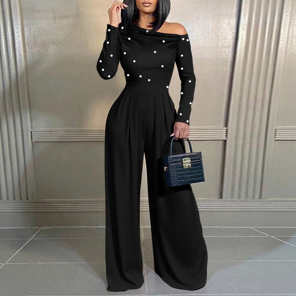 Fashion Beaded Slant-neck Women Jumpsuit Spring Autumn New Cinched Waist Wide Leg Long Pants Elegant Female Office Rompers 2026
