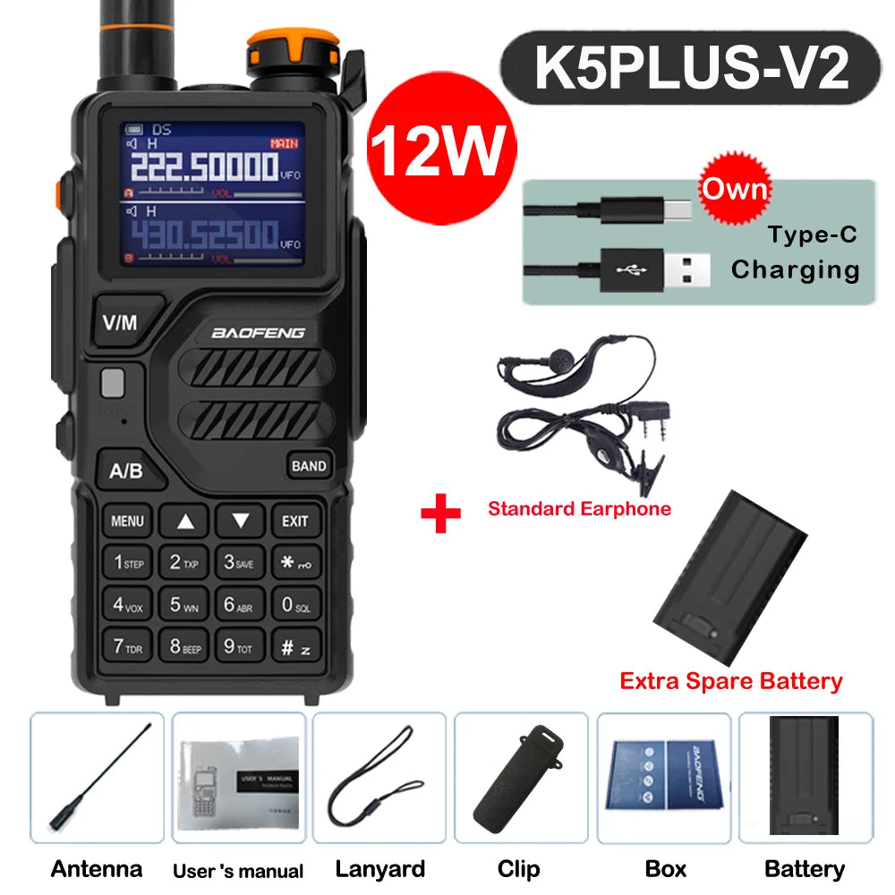 2026 Baofeng UV-K5 Plus Walkie Talkie 12W High Capacity AM FM Two Way Radio Full Band LCD 999CH Frequency Copy NOAA Noise Reduce