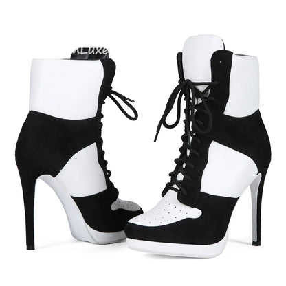 Round Toe Sports Lace Up Women's Short Boots 2026 Thick Sole Mixed Color Stilettos Autumn Winter New Street Style Casual Rock Bo