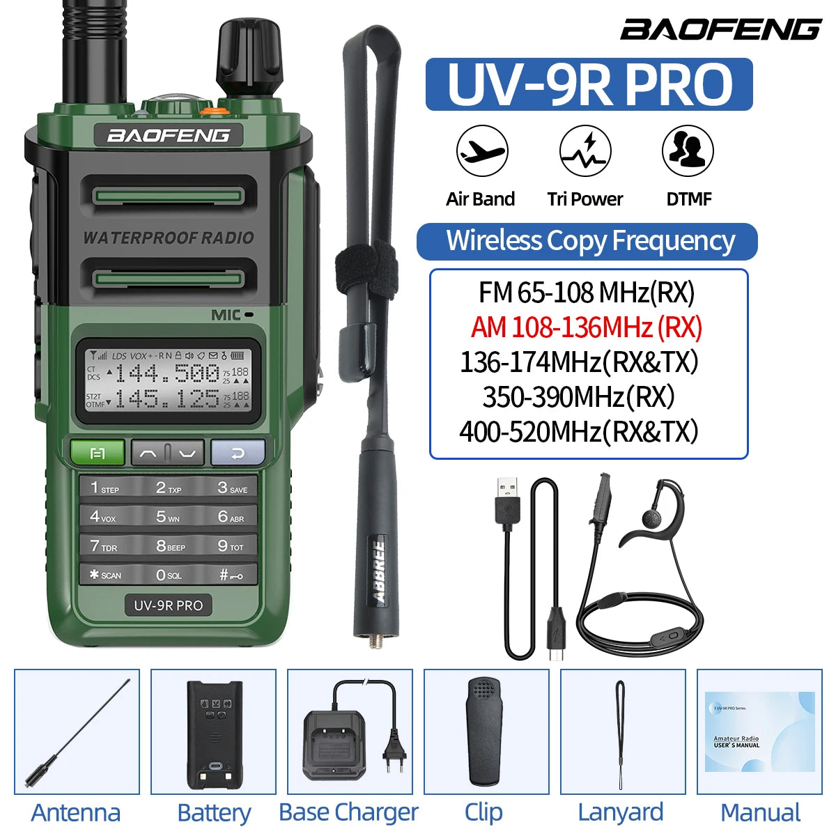 Baofeng UV-9R PRO Walkie Talkie IP68 Waterproof Full Band Wireless Copy Frequency 128CH AM FM Type-C Long Range Two Way Radio