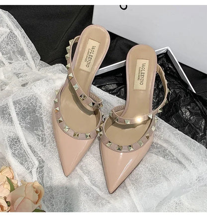 Heeled Sandals Summer Luxury Brand Rivets Women Slippers Fashion Leather Slingbacks Heels Slippers Designer Party Prom Shoes