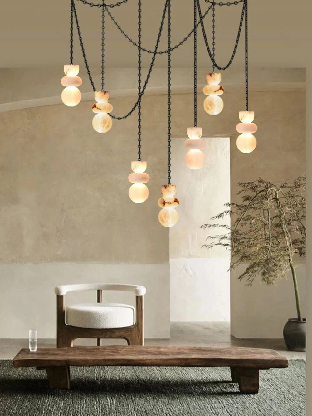 Alabaster Marble Chain Hanging Pendant Lights Collection for Dining Room Spanish Natural Marble LED Chandelier For Living Room