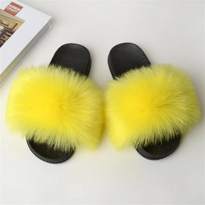 Women's Summer Faux Fur Fox Fur Slippers Fashion Luxury Indoor and Outdoor Non-Slip Solid Color Flat Bottom Furry Sandals
