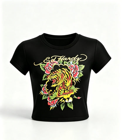 2026 new American retro summer tiger print short sleeved round neck spicy girl top street punk trend niche casual versatile ins