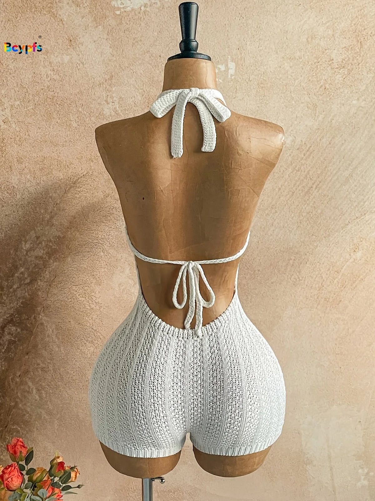 2026Women's Crochet Halter Romper White Hollow Out Backless Slim Fit Knitted Bodysuit for Beach Vacation Summer Festival