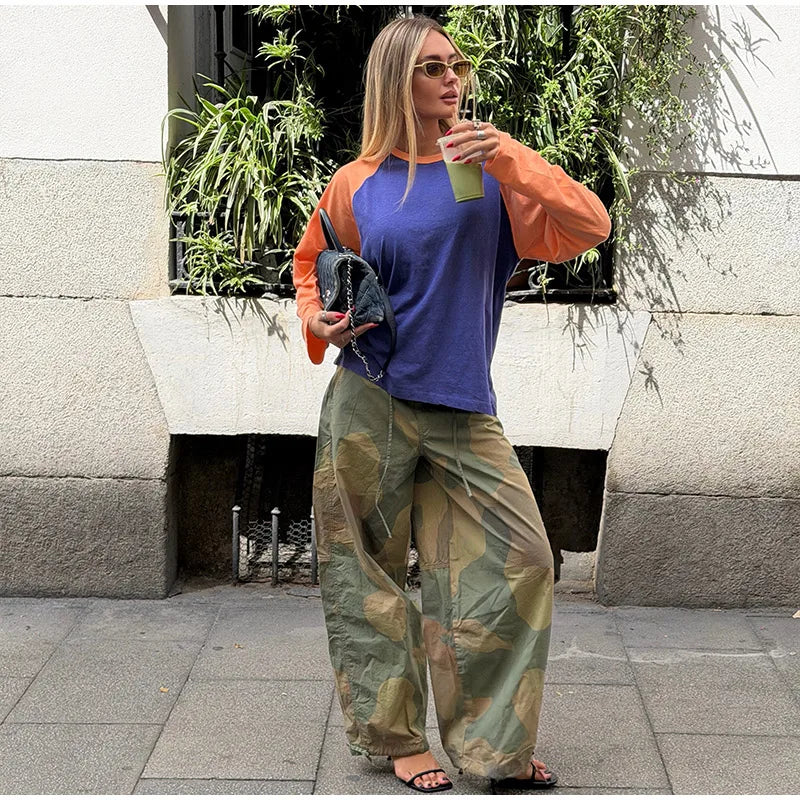 Women Camouflage Cargo Long Pants High Waist Wide Leg Drawstring Hem Baggy Trousers 2026 Autumn Casual Chic Vintage Streetwear
