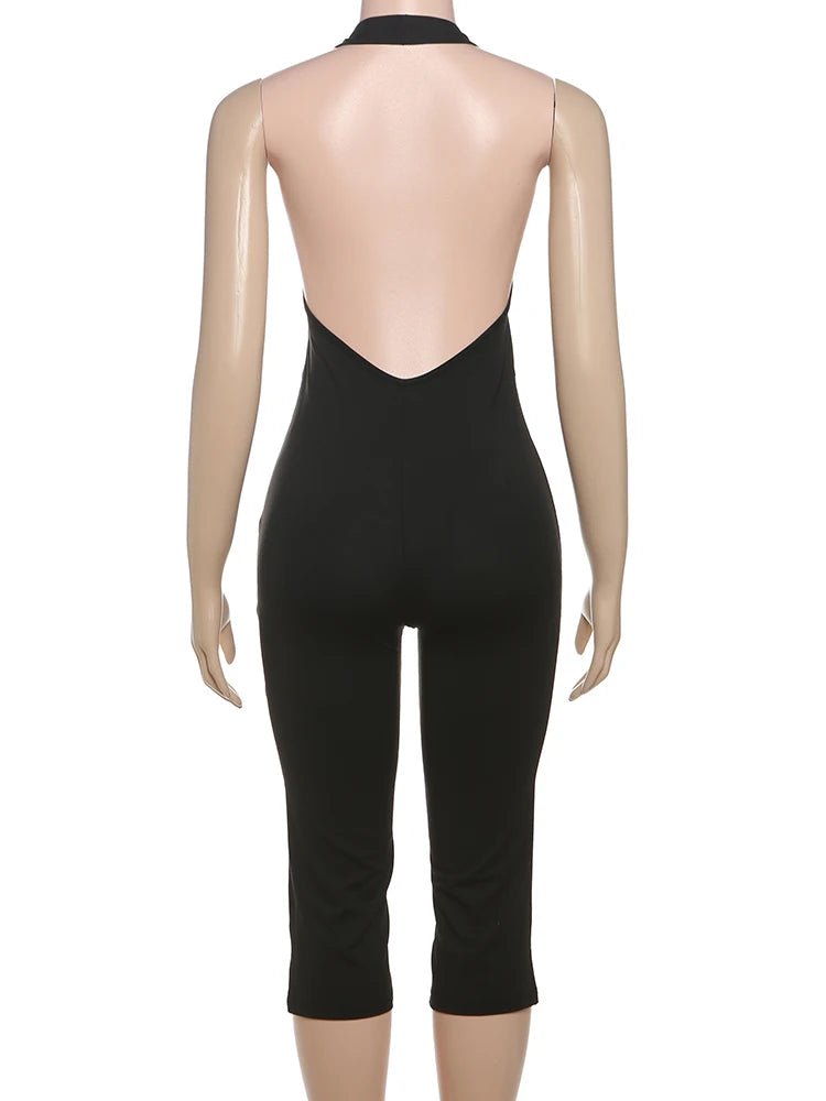 BKQU Casual Simple Halter Playsuits Women Solid Low-Neck Backless Stretch Skinny One Piece Rompers Yogo Sporty Classic Overalls