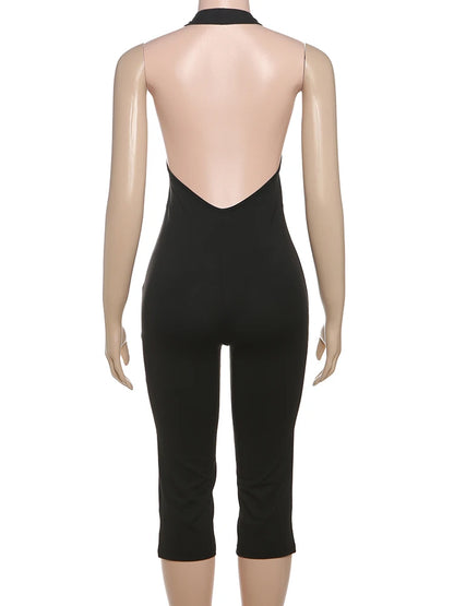 BKQU Casual Simple Halter Playsuits Women Solid Low-Neck Backless Stretch Skinny One Piece Rompers Yogo Sporty Classic Overalls