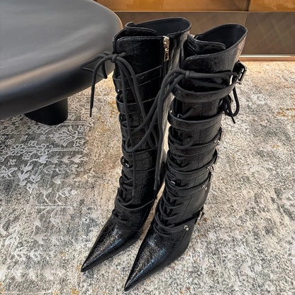 High Qaulity Horsehair Patchwork Thin High Heel Long Boots Women Pointed Toe Lace Up Sexy Fashion Women Boots For 2025 Autumn