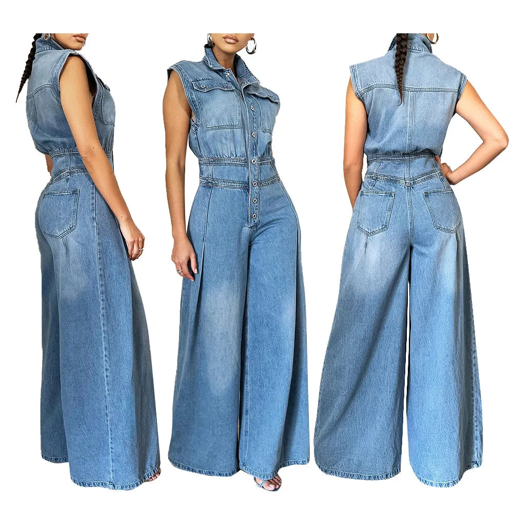 Washed Denim Jumpsuits Women Fashion Lapel Button High Waist Sleeveless Jumpsuit Streetwear Spring Summer New Female Clothing