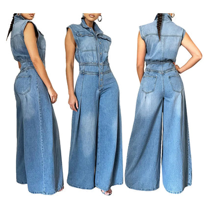 Washed Denim Jumpsuits Women Fashion Lapel Button High Waist Sleeveless Jumpsuit Streetwear Spring Summer New Female Clothing