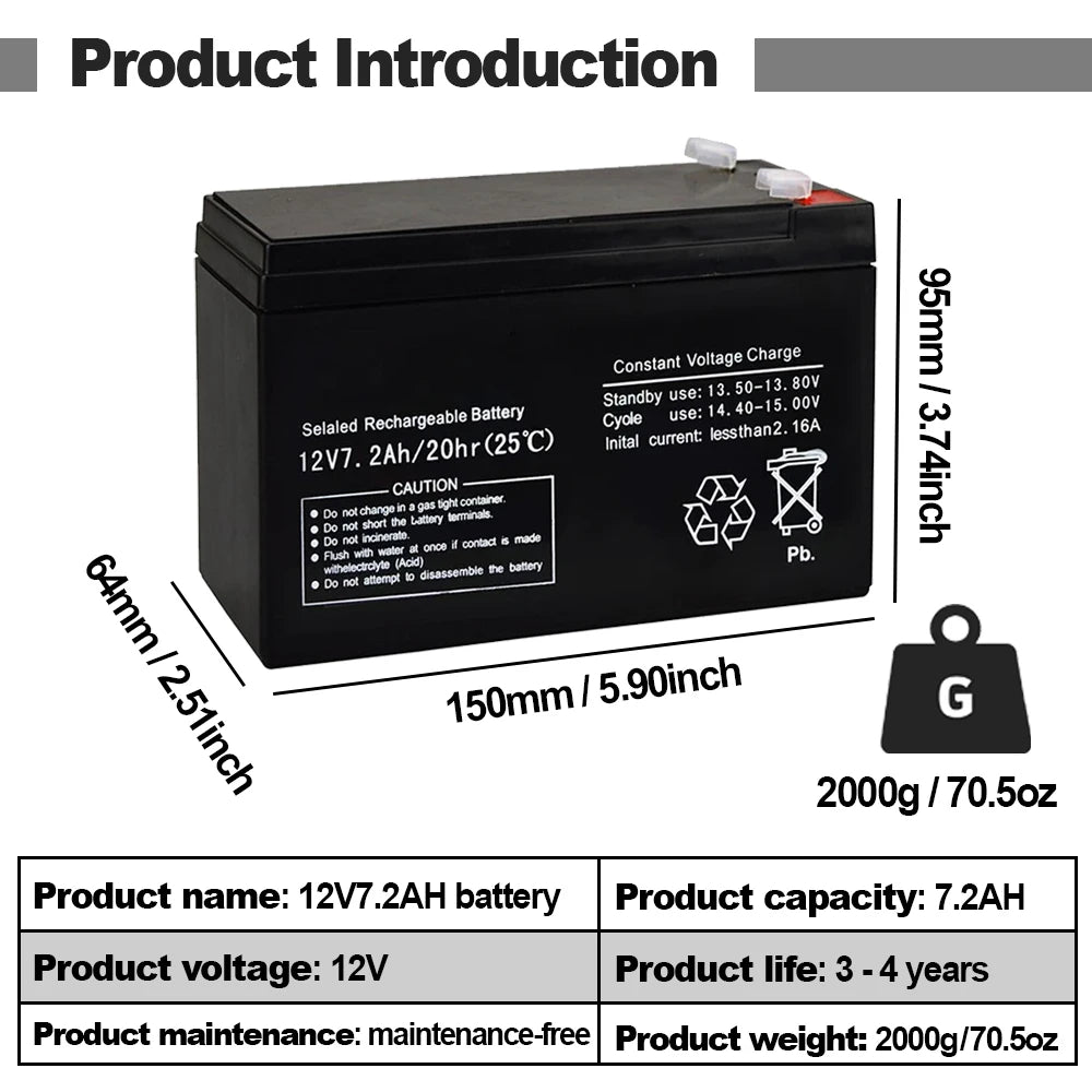 12V 7.2AH Maintenance Free Lead Acid Battery Solar Storage For RV Camping Emergency Power Home Backup