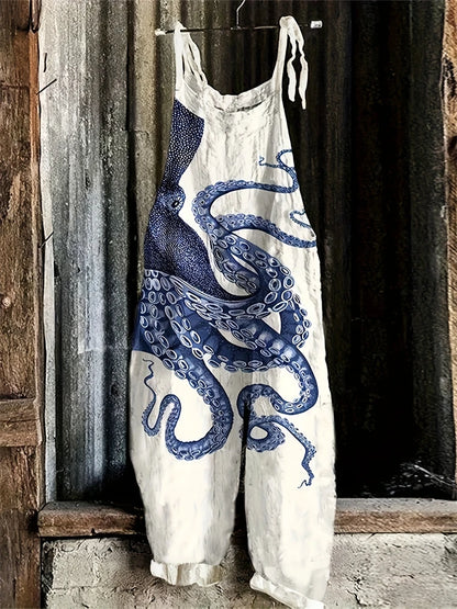 Retro Ladies Fish Print Fashion Suspender Jumpsuit Summer Outdoor Bottom Leisure Suspender Pants Casual Loose Trousers