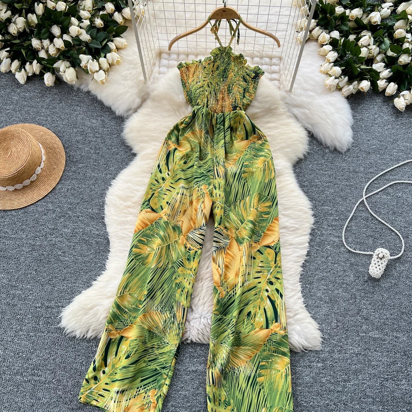 2024 New Summer Sexy Bohemian Leaf Print Jumpsuits Women Sleeveless Sexy Long Jumpsuit Mujer Casual Holiday Beach Rompers
