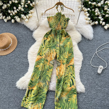 2024 New Summer Sexy Bohemian Leaf Print Jumpsuits Women Sleeveless Sexy Long Jumpsuit Mujer Casual Holiday Beach Rompers
