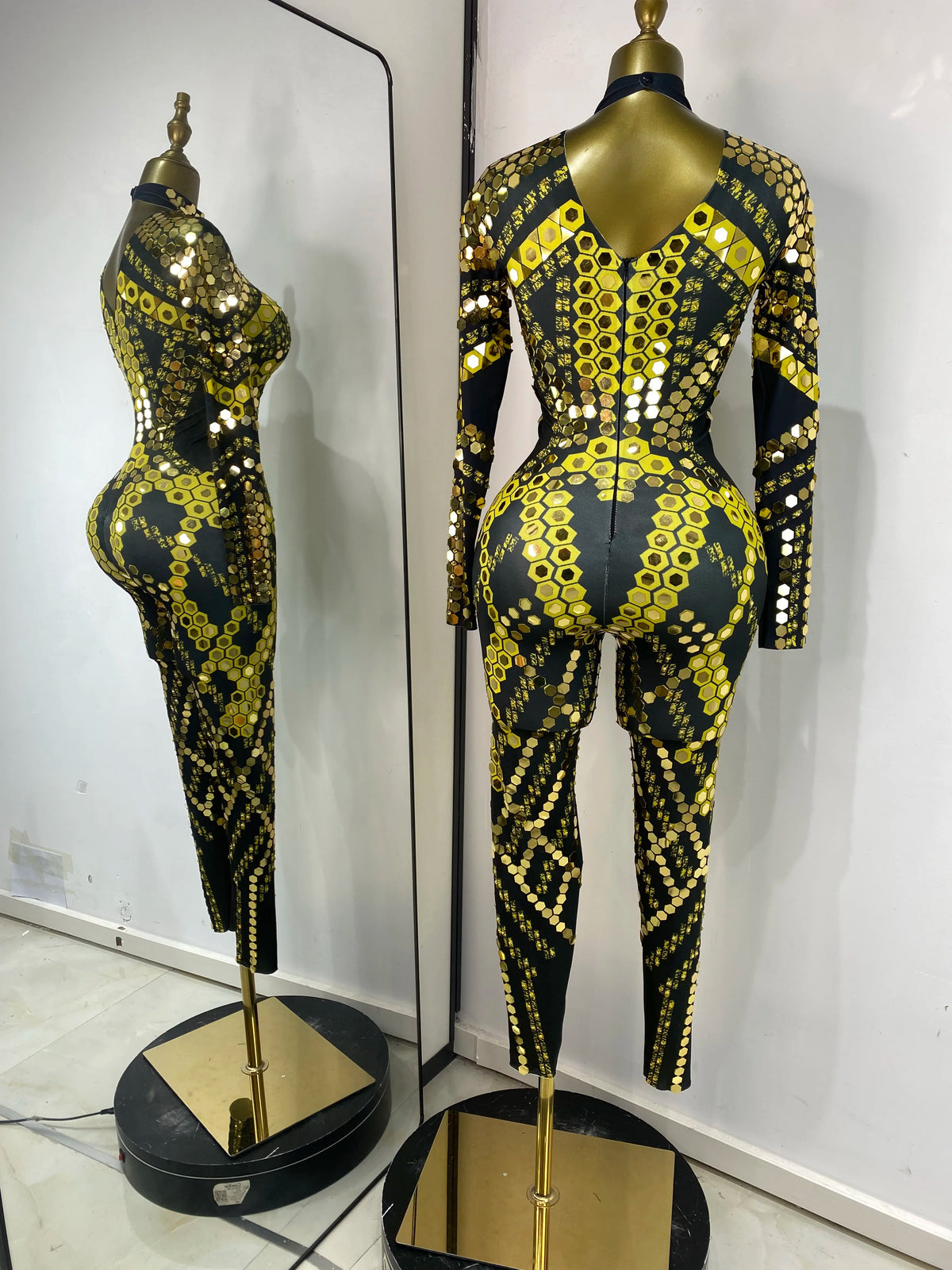 Women Performance Costumes Printed Sequines Rhinestones Spandex High Elastic Bodycon Jumpsuits Nightclub Evening Party Dress