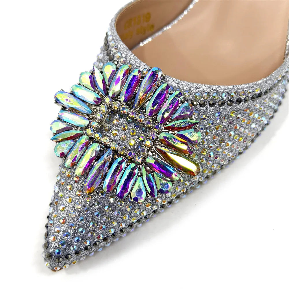 Latest Elegant Wedding Italian Diamond Design Shoes Women's African Party Shoes Crystal Shoes High School High Heels