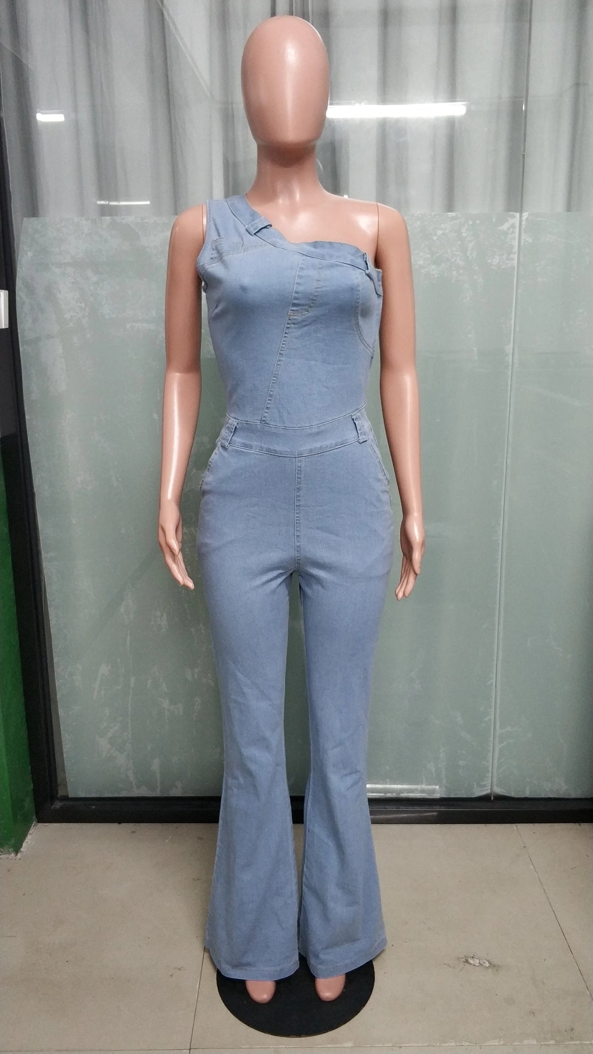 High Street Jeans Stretch Romper Sexy Women One Shoulder Elegant Denim Casual Romper Overalls