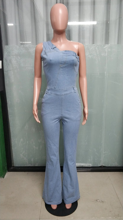 High Street Jeans Stretch Romper Sexy Women One Shoulder Elegant Denim Casual Romper Overalls