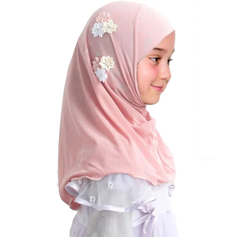Kids Hijab for Girls Muslim Instant Hijabs Ready To Wear Islamic Shawls Turban with Flowers Scarfs Jersey Head Wrap (2-7 Y)
