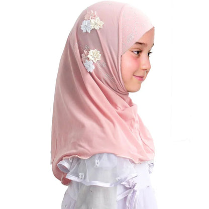 Kids Hijab for Girls Muslim Instant Hijabs Ready To Wear Islamic Shawls Turban with Flowers Scarfs Jersey Head Wrap (2-7 Y)