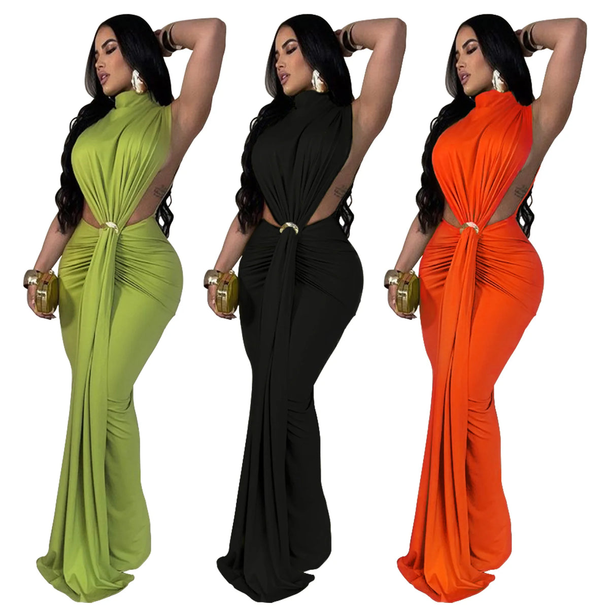 CM.YAYA Women O-neck High Split Ruched Stacked Bodycon Midi Maxi Dress 2024 Evening Party Club Vestidos Sexy Chic Long Dresses