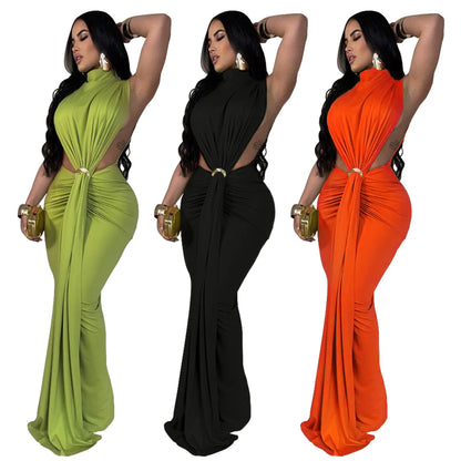 CM.YAYA Women O-neck High Split Ruched Stacked Bodycon Midi Maxi Dress 2024 Evening Party Club Vestidos Sexy Chic Long Dresses