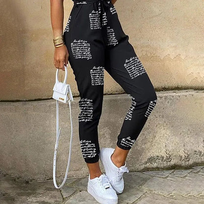 2025 New Women's Jumpsuit Casual Workwear Summer Romper with Print Button-up Lapel Waist Belt Slim Fit One Piece Pants Set Fashi
