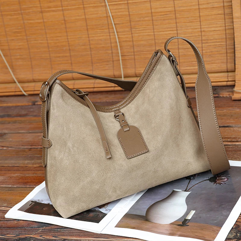 Winter Women's Natural Suede Leather Classic Underarm Bag Female Soft Cowhide Durable Handbags Ladies Luxury Designer Bags