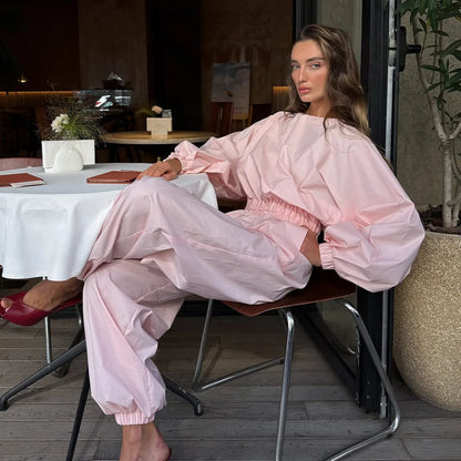 Pink One-Piece Suit Women's Spring Summer New Lantern Sleeve Backless Top Waist-Cinching Wide Leg One-Piece Suit