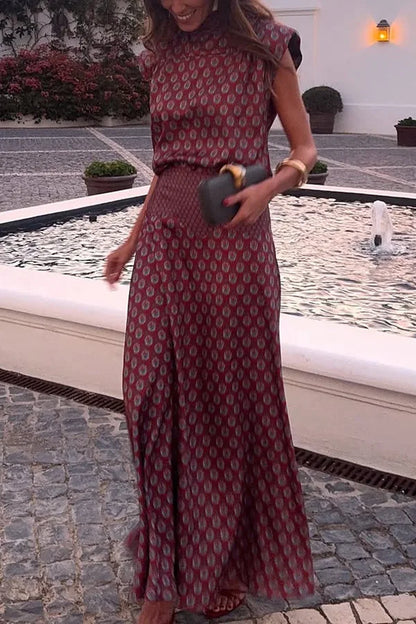 Vintage Printed Slim Office Commuting Suit Casual Loose Top+High Waisted Skirt 2pc Set Elegant Semi High Neck Sleeveless Outfit