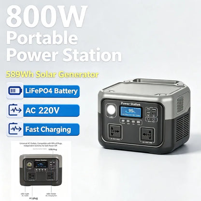 New 800W 589WH Portable Power Station 600W/800W Solar Generator Backup Power Bank for Outdoor Camping, Home Emergency, RV Travel