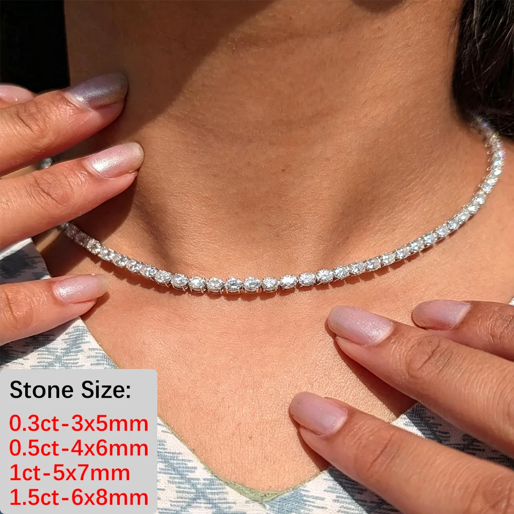 BXINY East West Oval Cut Moissanite Tennis Necklace S925 Silver 0.3-1.5CT Diamond Choker for Women Men Wedding Gift Fine Jewelry