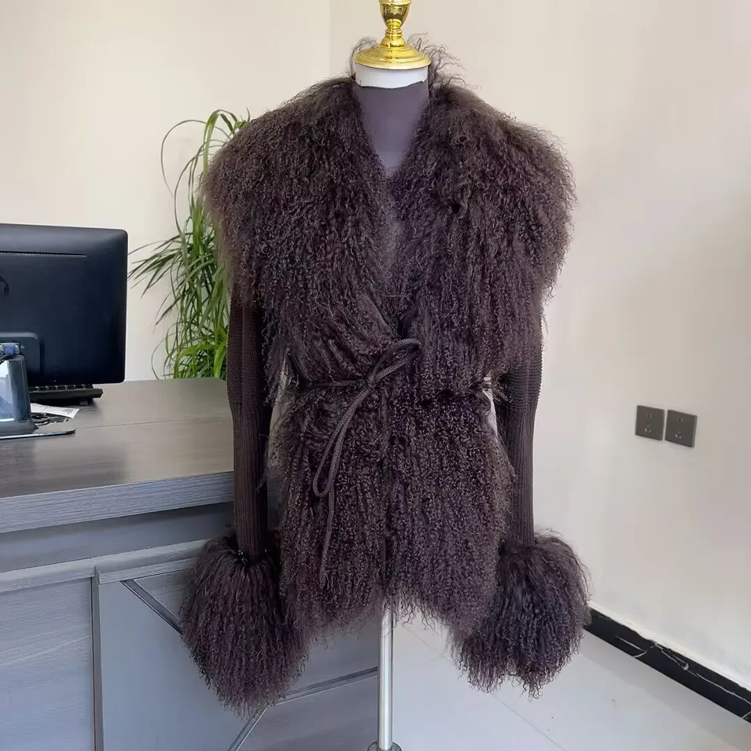 Mongolian Wool Knitted Cardigan Women's Brown Autumn Winter Knitted Cardigan Paired with Real Mongolian Wool Collar Jacket