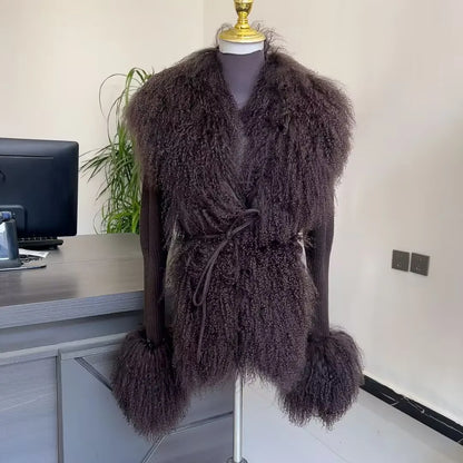 Mongolian Wool Knitted Cardigan Women's Brown Autumn Winter Knitted Cardigan Paired with Real Mongolian Wool Collar Jacket