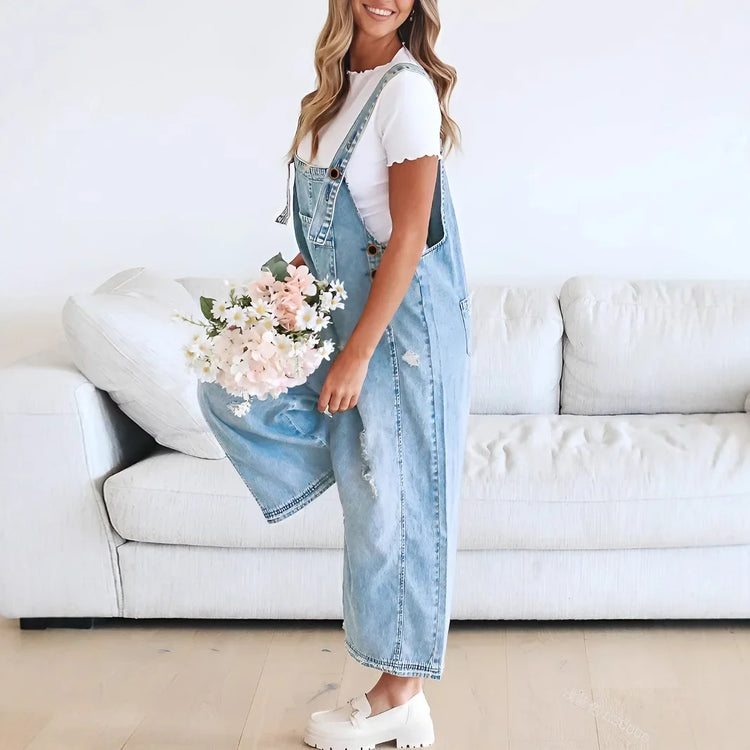 Hole Jeans Overalls Women Jumpsuits Washed Denim Ankle Length Trousers One Piece Y2k Streetwear Pockets Casual Ripped Suspenders