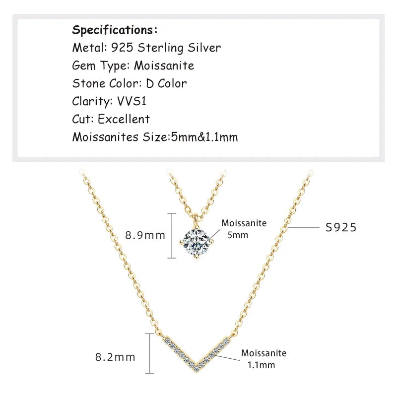 RAPRGOLD Certified Moissanite V-shape Pendant Double Necklaces Chains for Women S925 Sterling Silver Fine Jewelry Gifts Collares
