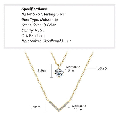 RAPRGOLD Certified Moissanite V-shape Pendant Double Necklaces Chains for Women S925 Sterling Silver Fine Jewelry Gifts Collares