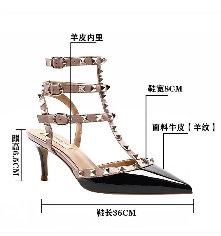 Women's Gladiator Sandals Summer 2026 Rivet High-heeled Three Straps Real Leather Ankle Luxury Brand Designer Pumps Ladies Shoes