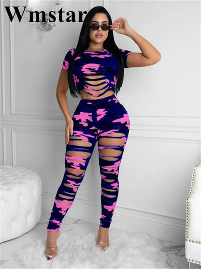 Wmstar Women Two Piece Set Summer Sexy Sport Fashion Casual Ripped Sweatshirt Sweat Camouflage Print Pant Sets Outfit Tracksuit